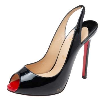 Pre Owned Christian Louboutin Black Patent Leather Flo Slingback Sandals Size 38.5