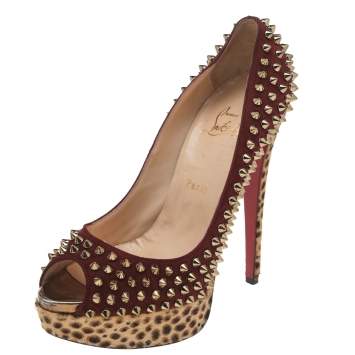 Pre Owned Christian Louboutin Burgundy Suede and Leopard Print Calf Hair Spiked Lady Peep Toe Platform Pumps Size 38.5