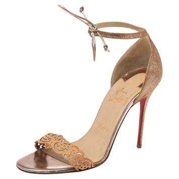 Pre Owned Christian Louboutin Tan Laser Cut Leather and Gold Glitter Valnina Ankle-Tie Sandals Size 39
