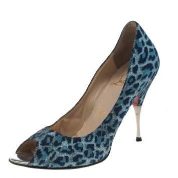 Pre Owned Christian Louboutin Blue Leopard Print Fabric Peep Toe Pumps Size 37