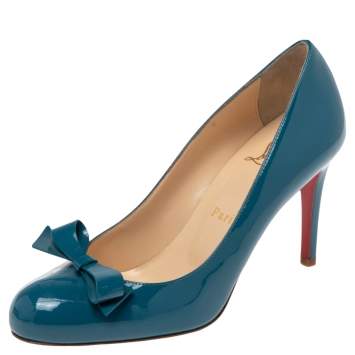 Pre Owned Christian Louboutin Blue Patent Leather Bow Vinodo Pumps Size 36