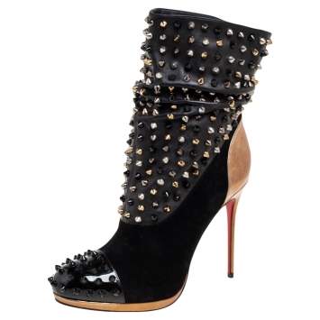 Pre Owned Christian Louboutin Black Patent Leather and Suede Spike Wars Ankle Boots Size 39.5