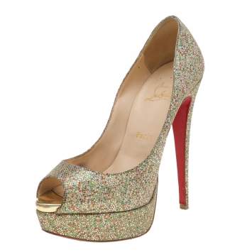 Pre Owned Christian Louboutin Metallic Gold Mesh Glitter Peep Toe Platform Pumps Size 38