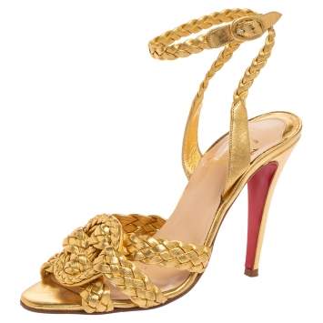 Pre Owned Christian Louboutin Gold Woven Leather Marilou Sandals Size 38