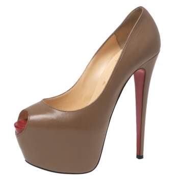 Pre Owned Christian Louboutin Beige Leather Highness Peep Toe Pumps Size 39.5 
