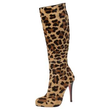Pre Owned Christian Louboutin Leopard Pony Hair Fifi Botta Knee Boots Size 37