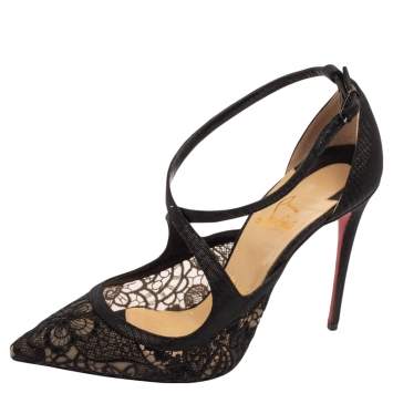 Pre Owned Christian Louboutin Black Lace And Fabric Twistissima Pointed Toe Ankle Strap Sandals Size 38