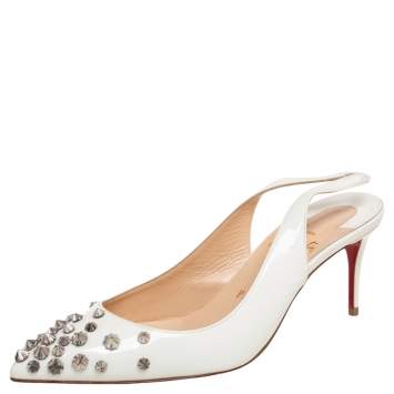 Pre Owned Christian Louboutin White Patent Leather Drama Spiked Slingback Sandals Size 37.5