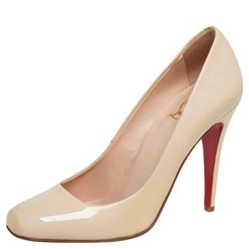 Pre Owned Christian Louboutin Beige Patent Leather Square Toe Pumps Size 38
