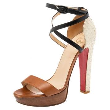 Pre Owned Christian Louboutin Brown/White Python And Leather Platform Ankle Strap Sandals Size 39