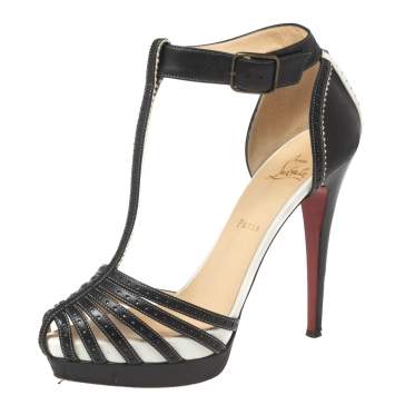 Pre Owned Christian Louboutin Black Perforated Leather Strappy T-Bar Platform Sandals Size 39.5