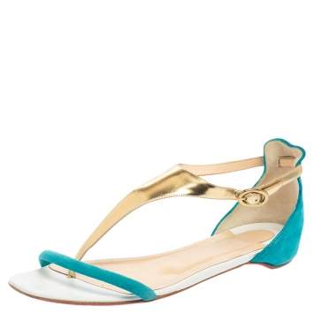 Pre Owned Christian Louboutin Turquoise/Gold Suede and Leather Athena Flat Sandals Size 39.5