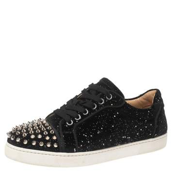 Pre Owned Christian Louboutin Black Glitter Velvet Louis Junior Spikes Sneakers Size 38
