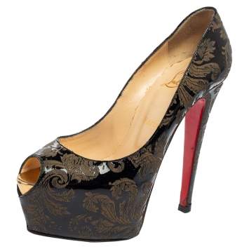 Pre Owned Christian Louboutin Black/Brown Patent Leather Highness Peep Toe Pumps Size 37.5