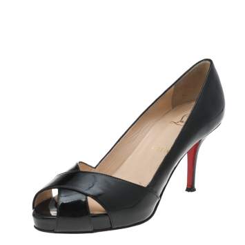 Pre Owned Christian Louboutin Black Patent Leather Shelley Peep Toe Pumps Size 37