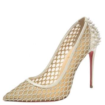 Pre Owned Christian Louboutin Beige Mesh and Spike Embellished Patent Leather Trimmed Guni Pointed-Toe Pumps Size 38.5