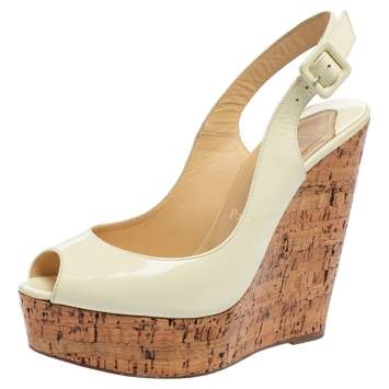 Pre Owned Christian Louboutin Off-White Patent Leather Une Plume Wedge Sandals Size 37