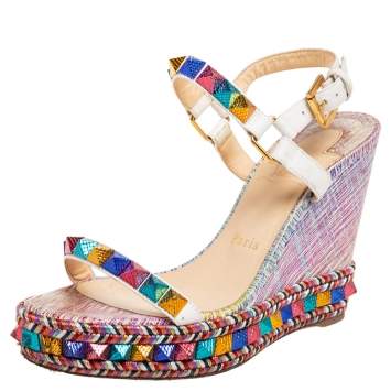 Pre Owned Christian Louboutin Multicolor Leather Studded Cataclou Espadrille Wedge Sandals Size 39