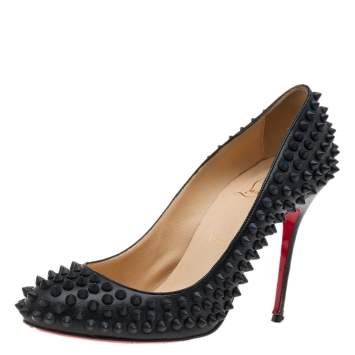 Pre Owned Christian Louboutin Black Leather Fifi Spike Pumps Size 37.5