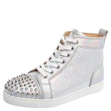 Pre Owned Christian Louboutin Silver Leather Orlato Spikes Sneakers Size 38.5