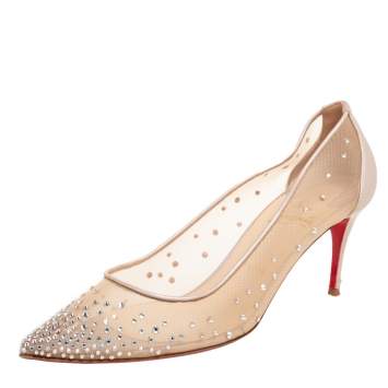 Pre Owned Christian Louboutin Beige Mesh Follies Strass Pumps Size 39 