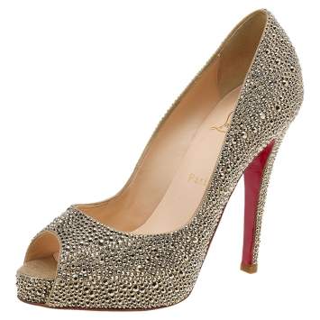 Pre Owned  Christian Louboutin Gold Crystal Embellished Suede Rhinestone Peep Toe Pumps Size 38