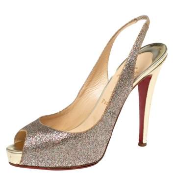 Pre Owned Christian Louboutin Multicolor Glitter Leather No Prive Peep-Toe Slingback Sandals Size 39