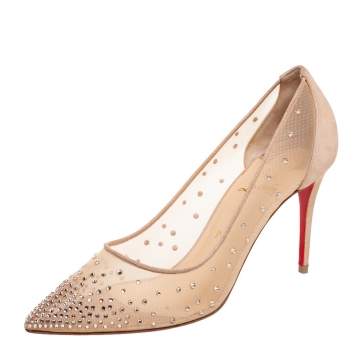 Pre Owned Christian Louboutin Beige Mesh and Laminated Suede Follies Strass Pumps Size 40