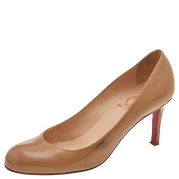 Pre Owned Christian Louboutin Beige Patent Leather Simple Pumps Size 35