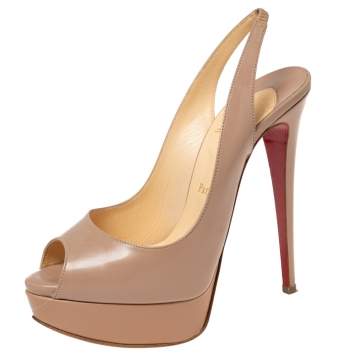 Pre Owned Christian Louboutin Dusty Pink Patent Leather Lady Peep Slingback Sandals Size 37.5