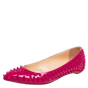 Pre Owned Christian Louboutin Hot Pink Patent Leather Pigalle Spikes Ballet Flats Size 38