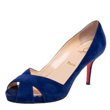 Pre Owned Christian Louboutin Navy Blue Suede Shelley Peep-Toe Pumps Size 38.5