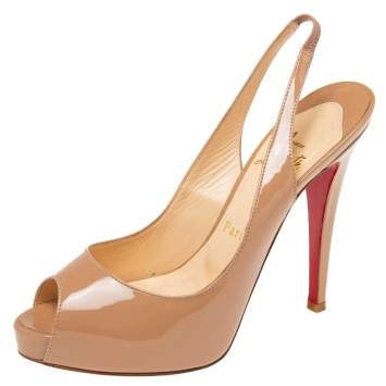 Pre Owned Christian Louboutin Beige Patent Leather No Prive Slingback Pumps Size 37