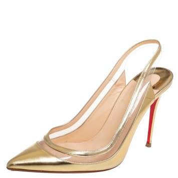 Pre Owned Christian Louboutin Gold Leather and PVC Paulina Slingback Pumps Size 37.5