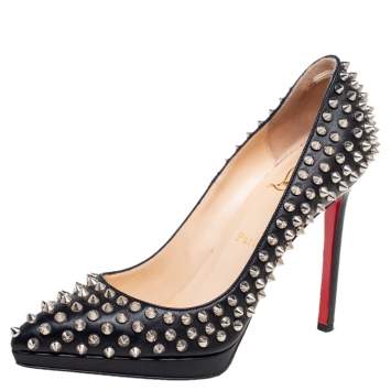Pre Owned Christian Louboutin Black Leather Pigalle Plato Spikes Pumps Size 38.5