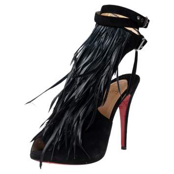 Pre Owned Christian Louboutin Black Suede Fringe Detail Peep-Toe Ankle Strap Sandals Size 38.5