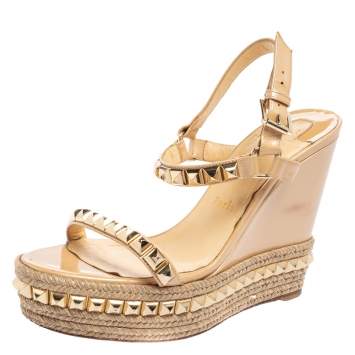 Pre Owned Christian Louboutin Beige Patent  Cataclou Espadrille Wedge Sandals Size 41