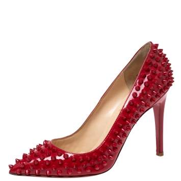 Pre Owned Christian Louboutin Red Patent Leather Pigalle Spikes Pointed-Toe Pumps Size 37.5