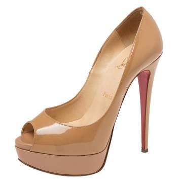 Pre Owned Christian Louboutin Beige Patent Leather Lady Peep Toe Pumps Size 37