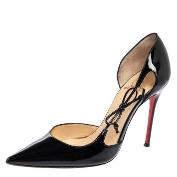 Pre Owned Christian Louboutin Black Patent Leather Bow D'orsay Pointed-Toe Pumps Size 37.5