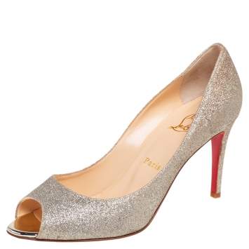 Pre Owned Christian Louboutin Dull Gold Glitter You You Peep-Toe Pumps Size 38.5