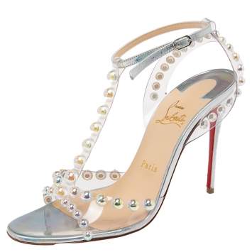 Pre Owned Christian Louboutin Silver Iridescent Leather and PVC Faridaravie Ankle-Strap Sandals Size 39.5