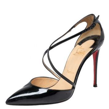 Pre Owned Christian Louboutin Black Patent Leather Uptown Ankle Strap Pumps Size 38.5