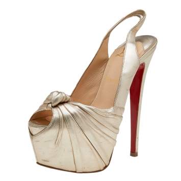 Christian Louboutin Gold Leather Jenny Knotted Platform Slingback Sandals Size 37