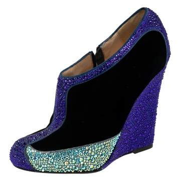 Pre Owned Christian Louboutin Tri-Color Velvet and Crystal Embellished Suede Wedge Boots Size 37.5