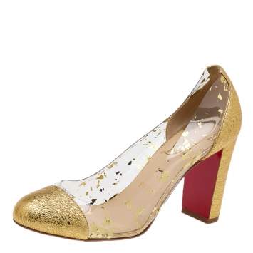 Pre Owned Christian Louboutin Gold Foil Leather And PVC Un Bout Rond Block Heel Pumps Size 38.5