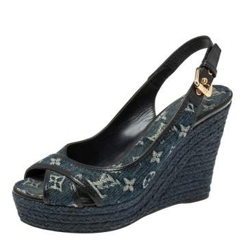 Pre Owned Louis Vuitton Navy Blue/Black Monogram Denim and Patent Leather Slingback Espadrille Wedge Sandals Size 39