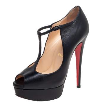 Pre Owned Christian Louboutin Black Leather Jilopa T Strap Platform Pumps Size 36.5