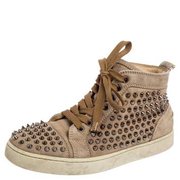 Pre Owned Christian Louboutin Beige Suede Louis Spikes High-Top Sneakers Size 38