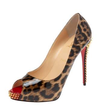 Pre Owned Christian Louboutin Brown/Black Leopard Print Patent Leather New Very Prive Spikes Pumps Size 40.5